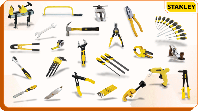 Variety of Stanley hand tools and DIY equipment displayed